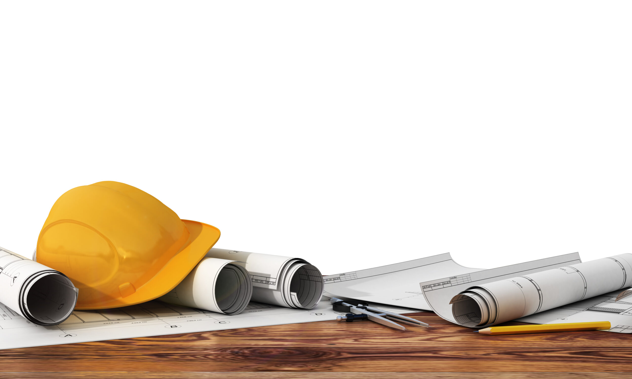 Concept of construction and design. 3d render of blueprints and designer tools on the panorama of construction site.